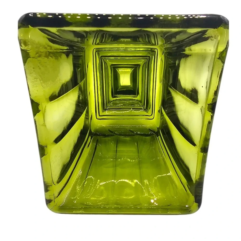 VTG 60s Heavy Olive Green Glass Rectangle Compote /Candy Dish Footed Ribbed Base